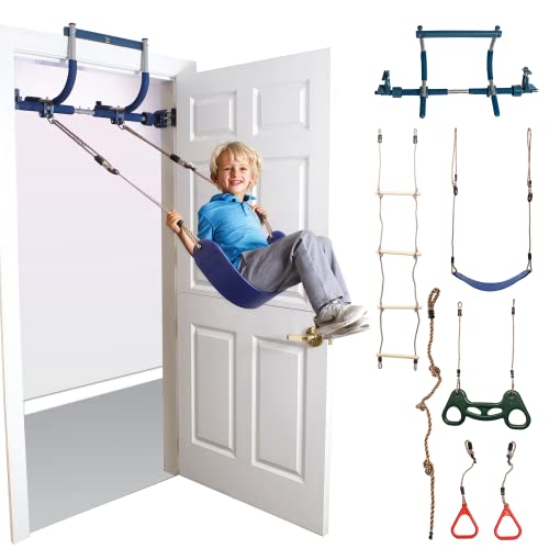 Gym1  6 Piece Indoor Doorway Gym Set for Kids  Indoor Swing for Kids Includes Kids Swing Chair Rings Hanging Trapeze Ladder Swinging Rope  Pullup Bar  Sensory Swing Set Accessory Playground