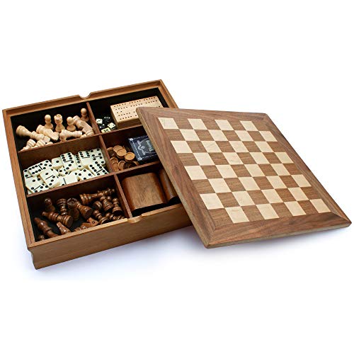 Wooden 7-in-1 Chess Checkers Backgammon Playing Cards Poker Dices Dominoes and Cribbage Board Game Combo Set