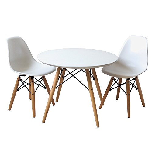 Buschman Set of Table and 2 White Kids Eames Style Retro Modern Dining Room Mid Century Shell Chair Metal Natural Wood Dowel Leg Base Plastic Molded Armless No Arms Children Kid Designer Side Chairs