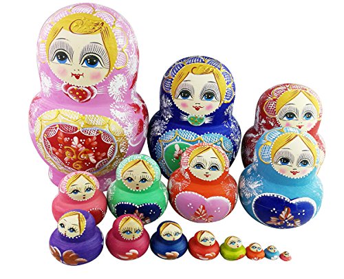 Winterworm Set of 15 Big Bulky Heart Shape Pink Red Basswood Wooden Traditional Russian Nesting Dolls Matryoshka Kids Stacking Toys Christmas Birthday New Year Gifts Home Decoration
