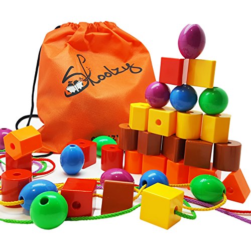 JUMBO PRIMARY STRINGING BEAD SET by Skoolzy with 36 Lacing Beads for Toddlers and Babies Includes 4 Strings Carrying Tote Busy Bag Idea Guide - Montessori Toys for Fine Motor Skills Autism OT