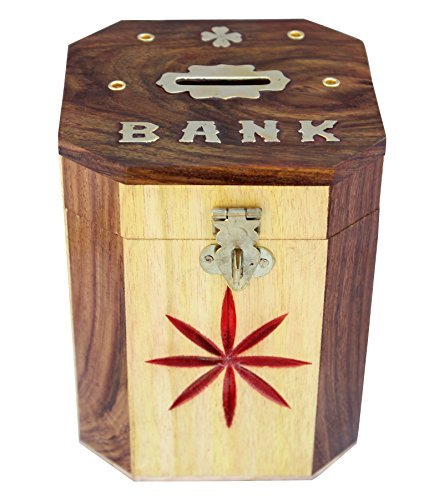 ITOS365 Handcrafted Wooden Money Bank Safe Kids Piggy Coin Holder Box Gifts 4 x 5 Inches