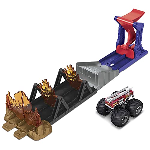 Hot Wheels Monster Trucks Fire Through Hero Playset with 164 Scale Diecast 5 Alarm Vehicle  Launcher Gift for Kids Ages 3 to 8 Years Old